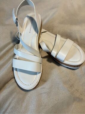Ladies size 8 Marc Fisher White Cork-Trim Strappy Wedge Sandals